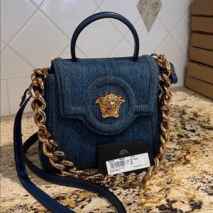 SOLD !! Versace Denim Blue and Gold Satchel